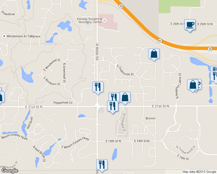map of restaurants, bars, coffee shops, grocery stores, and more near 2347 North Stoneybrook Court in Wichita