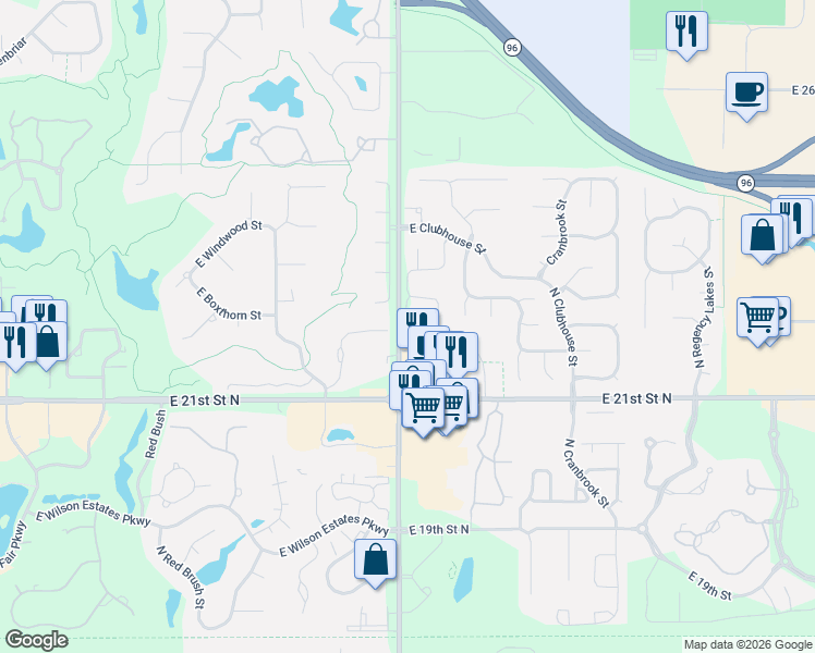 map of restaurants, bars, coffee shops, grocery stores, and more near 2311 N Vinegate Ct in Wichita