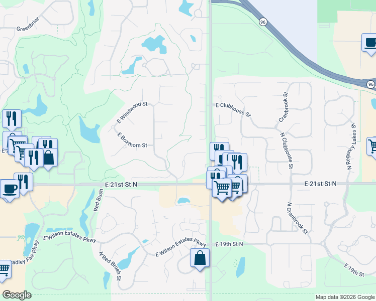 map of restaurants, bars, coffee shops, grocery stores, and more near 9389-9411 East Bent Tree Circle in Wichita