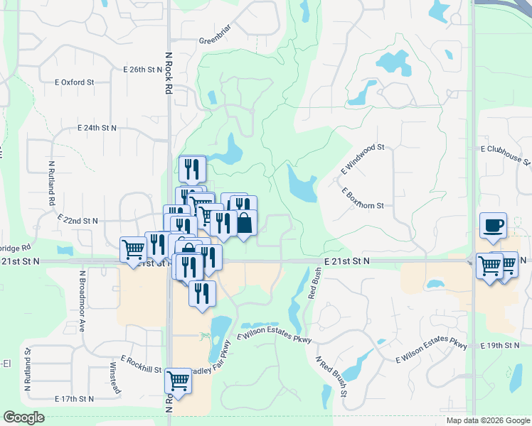 map of restaurants, bars, coffee shops, grocery stores, and more near 2265 N Penstemon St in Wichita
