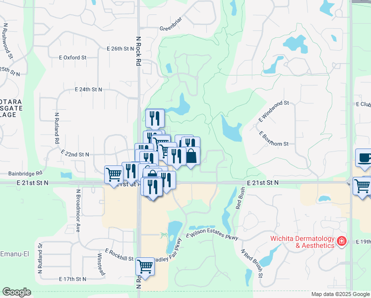 map of restaurants, bars, coffee shops, grocery stores, and more near 2280 N Tara Cir in Wichita
