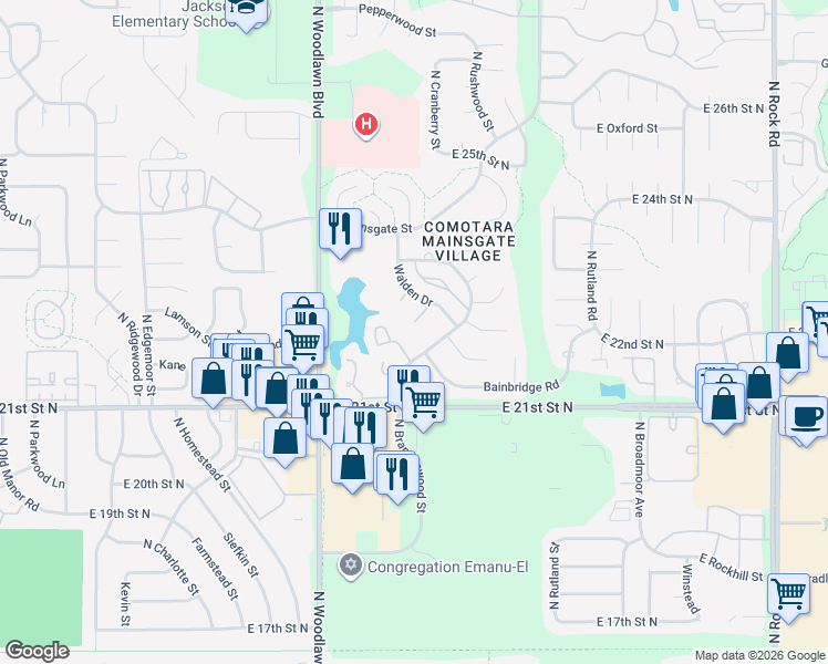 map of restaurants, bars, coffee shops, grocery stores, and more near 2243 North Bramblewood Street in Wichita