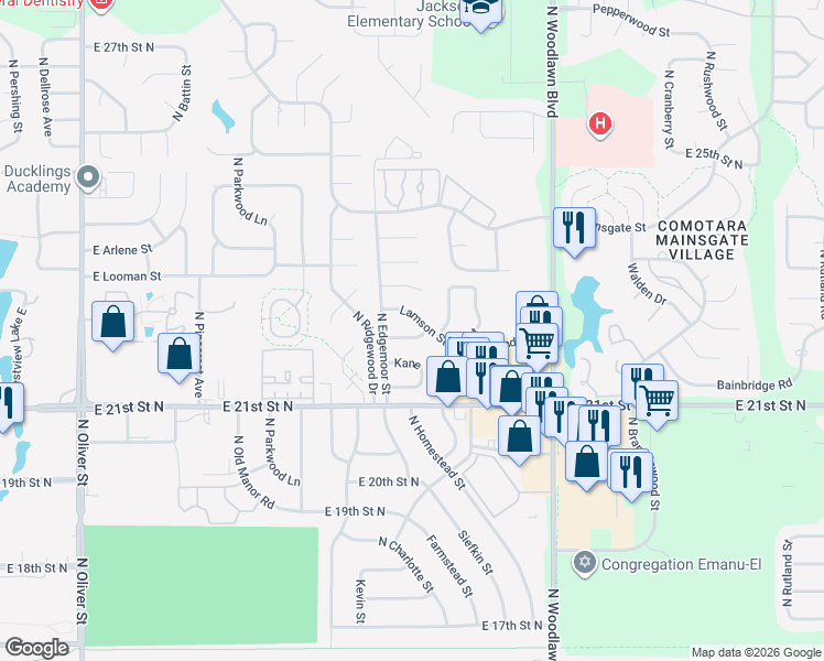 map of restaurants, bars, coffee shops, grocery stores, and more near 5813 East 22nd Street North in Wichita