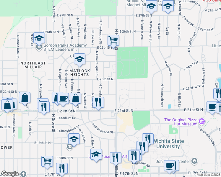 map of restaurants, bars, coffee shops, grocery stores, and more near 2313 North Lorraine in Wichita