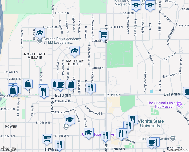 map of restaurants, bars, coffee shops, grocery stores, and more near 2313 North Lorraine in Wichita