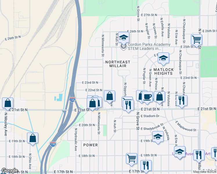 map of restaurants, bars, coffee shops, grocery stores, and more near 2277 North Piatt Street in Wichita