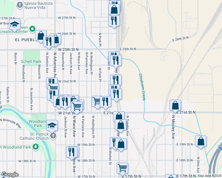 map of restaurants, bars, coffee shops, grocery stores, and more near 2318 N Market St in Wichita
