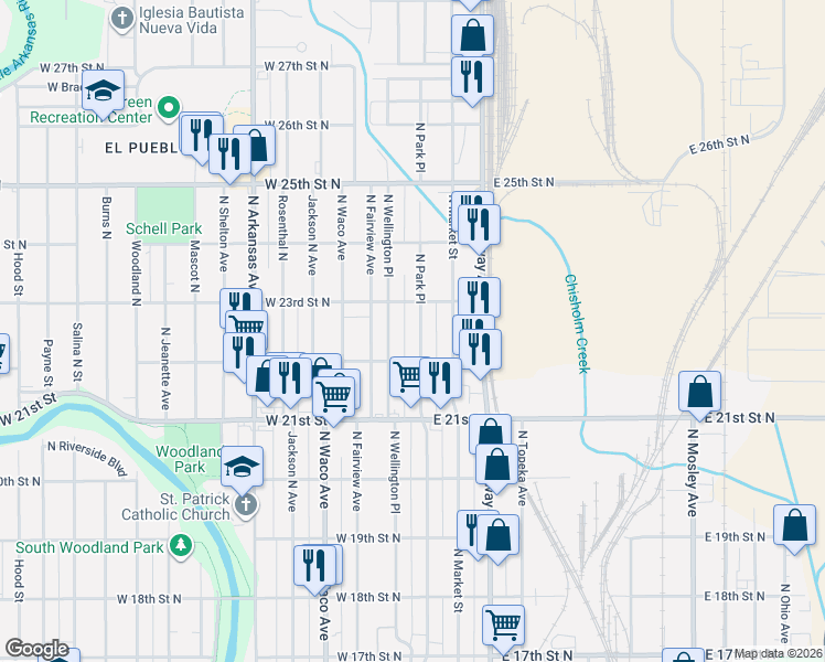 map of restaurants, bars, coffee shops, grocery stores, and more near 2316 N Park Pl in Wichita