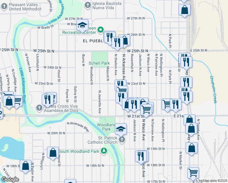 map of restaurants, bars, coffee shops, grocery stores, and more near 2310 North Shelton Avenue in Wichita