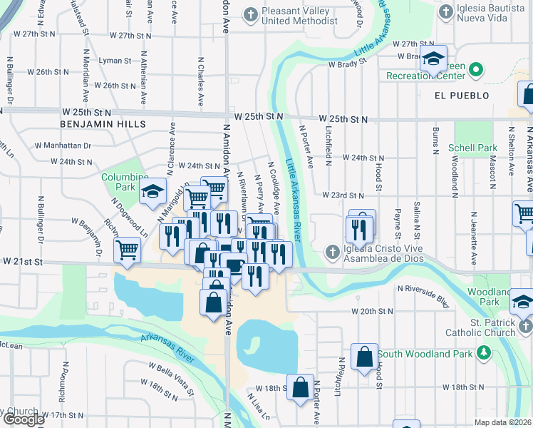 map of restaurants, bars, coffee shops, grocery stores, and more near 2415 N Coolidge Ave in Wichita