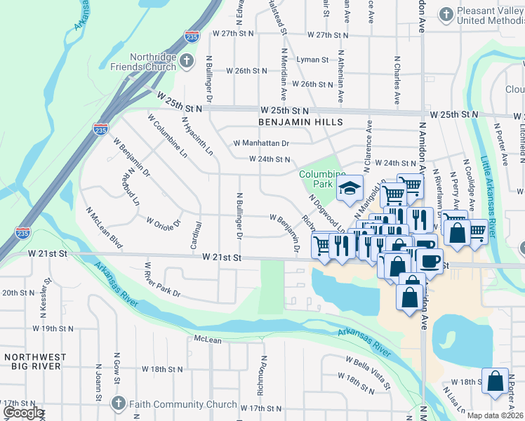 map of restaurants, bars, coffee shops, grocery stores, and more near 2541 W Benjamin Dr in Wichita