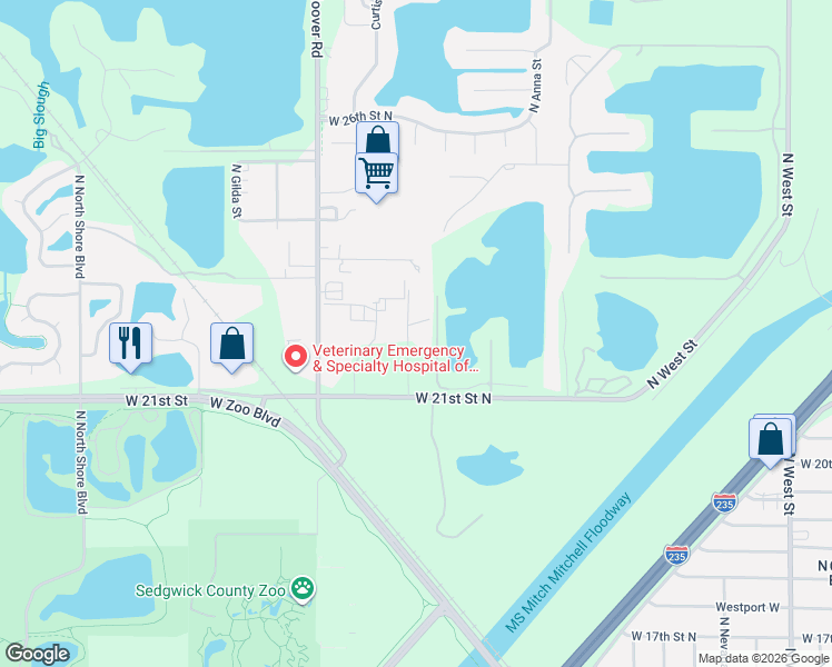 map of restaurants, bars, coffee shops, grocery stores, and more near North Zoo Park Circle in Wichita