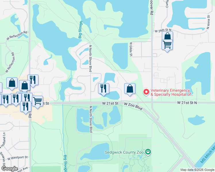 map of restaurants, bars, coffee shops, grocery stores, and more near 2287 Lakeway Circle in Wichita