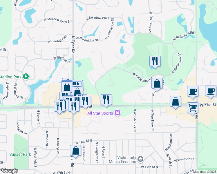 map of restaurants, bars, coffee shops, grocery stores, and more near 2301 N High Point Cir in Wichita
