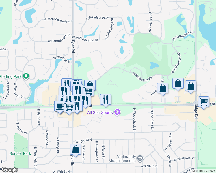 map of restaurants, bars, coffee shops, grocery stores, and more near 2301 N High Point Cir in Wichita