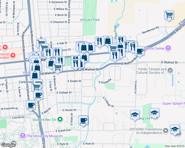 map of restaurants, bars, coffee shops, grocery stores, and more near 302A South Walker Street in Carbondale