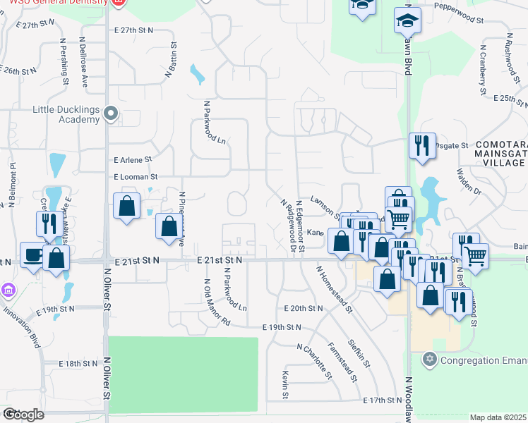 map of restaurants, bars, coffee shops, grocery stores, and more near 2339 North Ridgewood Court in Wichita