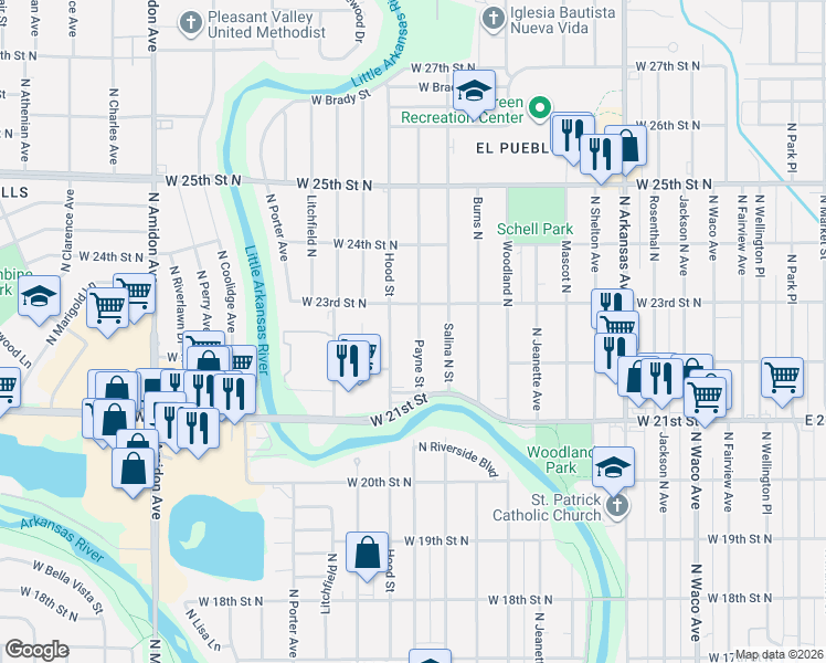 map of restaurants, bars, coffee shops, grocery stores, and more near 2365 North Payne Avenue in Wichita