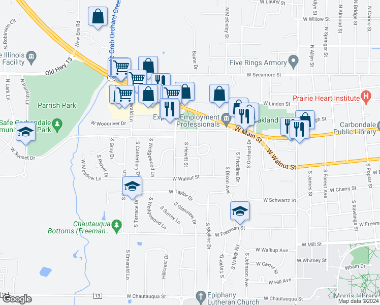 map of restaurants, bars, coffee shops, grocery stores, and more near 113 South Hewitt Street in Carbondale