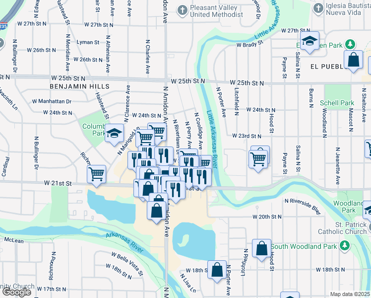 map of restaurants, bars, coffee shops, grocery stores, and more near 2421 North Perry Avenue in Wichita