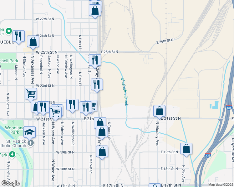 map of restaurants, bars, coffee shops, grocery stores, and more near 2300 North Broadway Street in Wichita