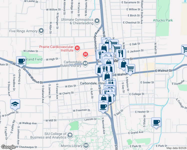 map of restaurants, bars, coffee shops, grocery stores, and more near 309-399 W Walnut St in Carbondale
