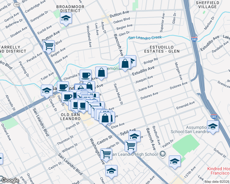 map of restaurants, bars, coffee shops, grocery stores, and more near 494 Juana Avenue in San Leandro