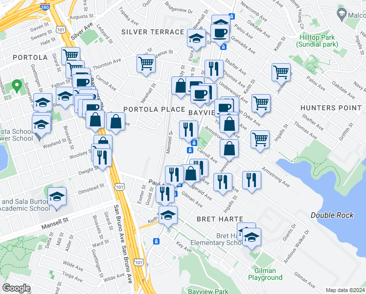 map of restaurants, bars, coffee shops, grocery stores, and more near 5912 3rd Street in San Francisco