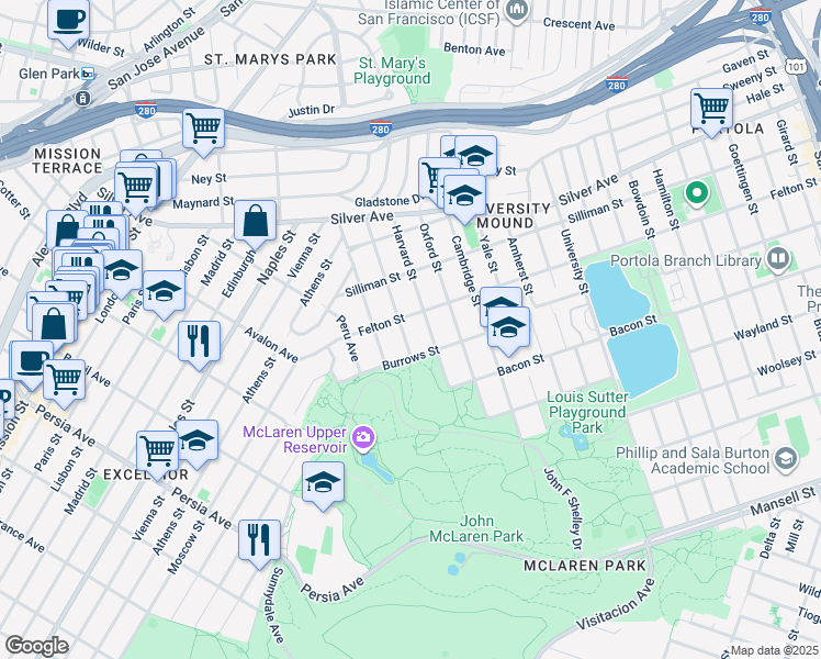 map of restaurants, bars, coffee shops, grocery stores, and more near 345 Gambier Street in San Francisco