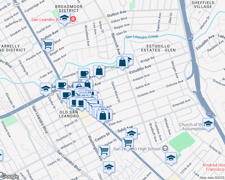 map of restaurants, bars, coffee shops, grocery stores, and more near 494 Juana Avenue in San Leandro