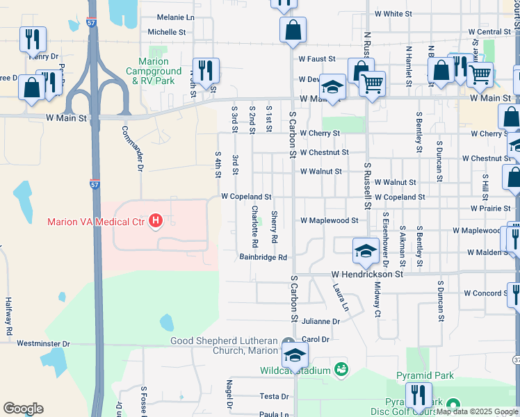 map of restaurants, bars, coffee shops, grocery stores, and more near 409 Charlotte Road in Marion