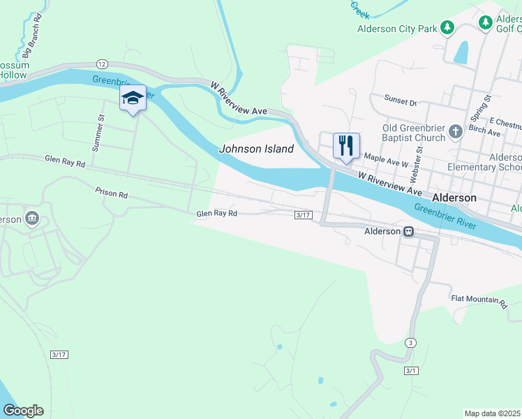 map of restaurants, bars, coffee shops, grocery stores, and more near Glen Ray Road in Alderson