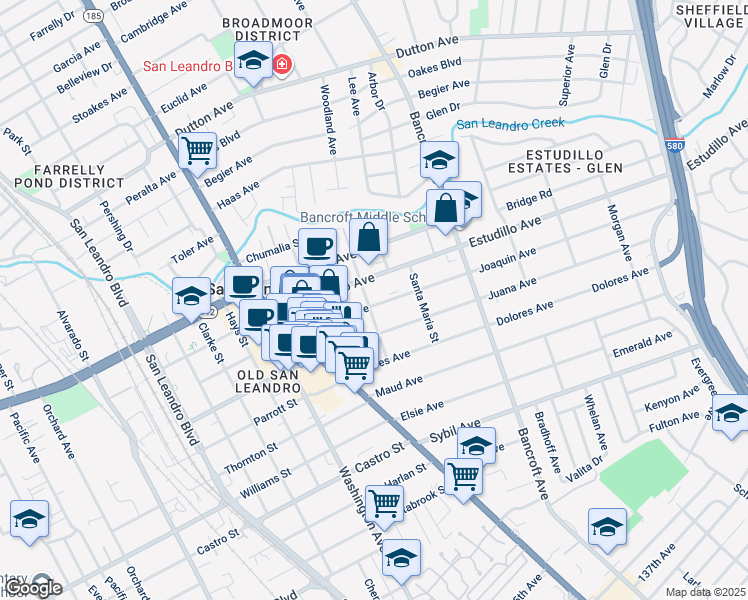map of restaurants, bars, coffee shops, grocery stores, and more near 431 Joaquin Avenue in San Leandro