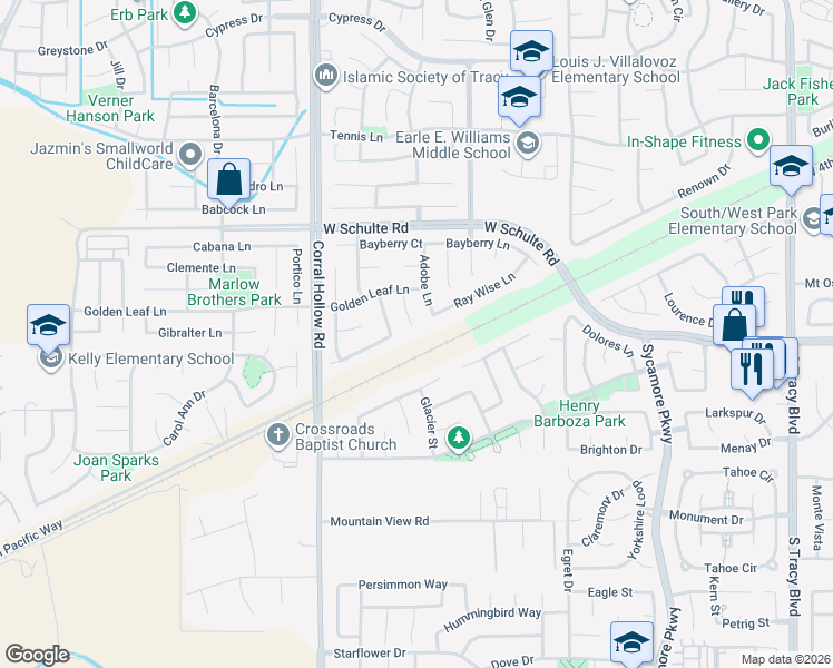 map of restaurants, bars, coffee shops, grocery stores, and more near 395 Pepperwood Court in Tracy