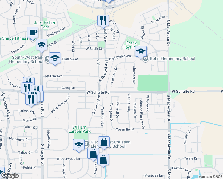 map of restaurants, bars, coffee shops, grocery stores, and more near 15 Carmel Way in Tracy