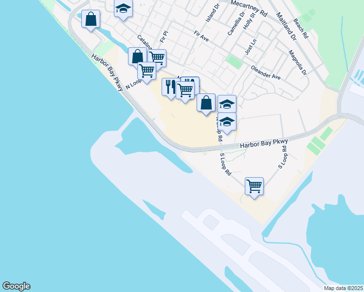 map of restaurants, bars, coffee shops, grocery stores, and more near 2231 Harbor Bay Parkway in Alameda