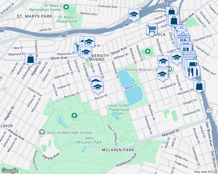 map of restaurants, bars, coffee shops, grocery stores, and more near 368A Princeton Street in San Francisco