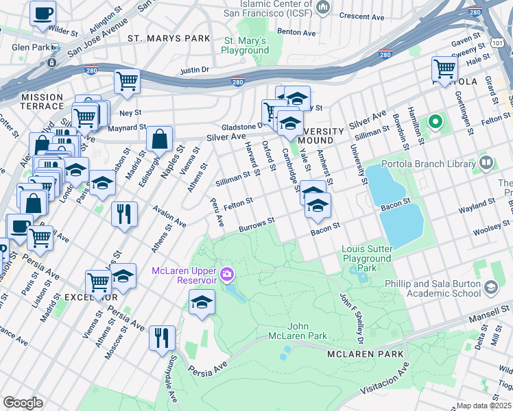 map of restaurants, bars, coffee shops, grocery stores, and more near 345 Gambier Street in San Francisco