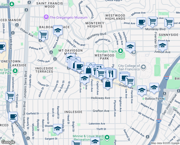 map of restaurants, bars, coffee shops, grocery stores, and more near 609 Faxon Avenue in San Francisco
