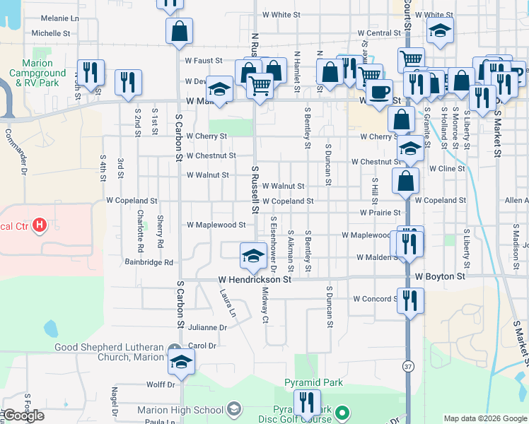 map of restaurants, bars, coffee shops, grocery stores, and more near 702 South Eisenhower Drive in Marion