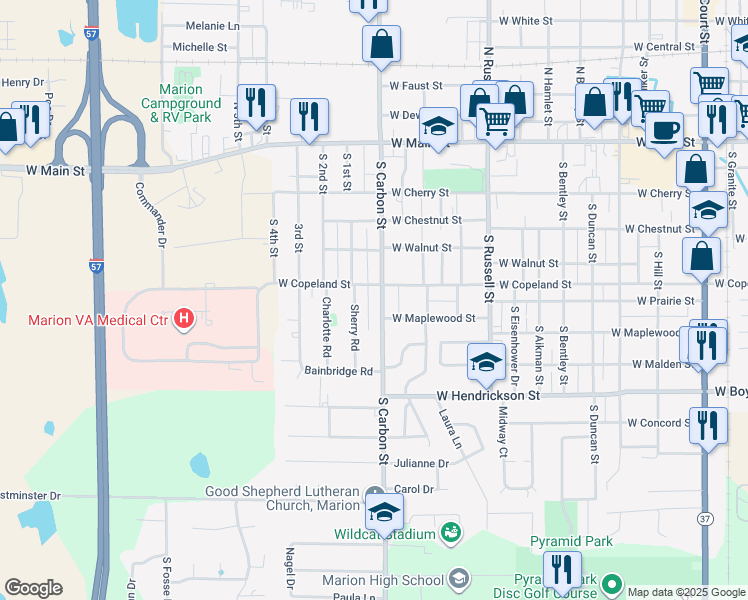 map of restaurants, bars, coffee shops, grocery stores, and more near 608 South Carbon Street in Marion
