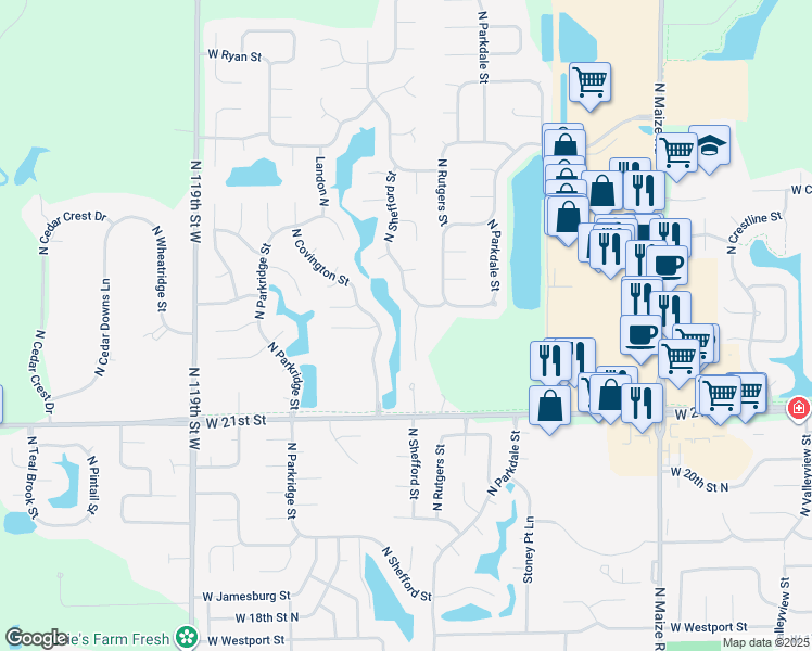 map of restaurants, bars, coffee shops, grocery stores, and more near 2237 North Shefford Circle in Wichita