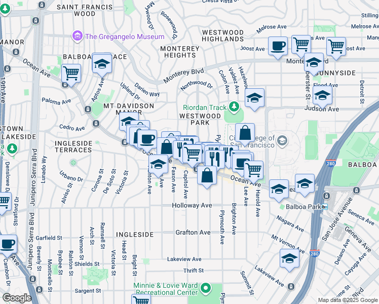 map of restaurants, bars, coffee shops, grocery stores, and more near 138 Southwood Drive in San Francisco