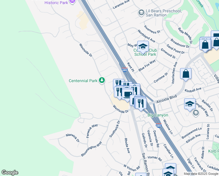 map of restaurants, bars, coffee shops, grocery stores, and more near 10 Brewin Court in San Ramon