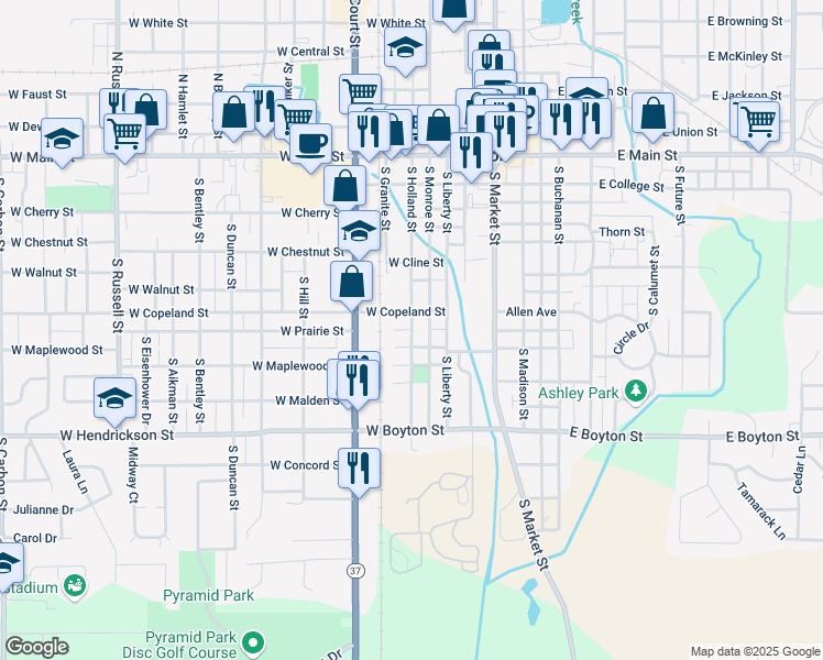 map of restaurants, bars, coffee shops, grocery stores, and more near 356 West Davis Street in Marion