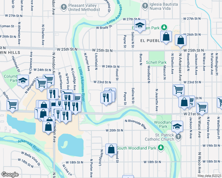 map of restaurants, bars, coffee shops, grocery stores, and more near 2362 North Garland Street in Wichita