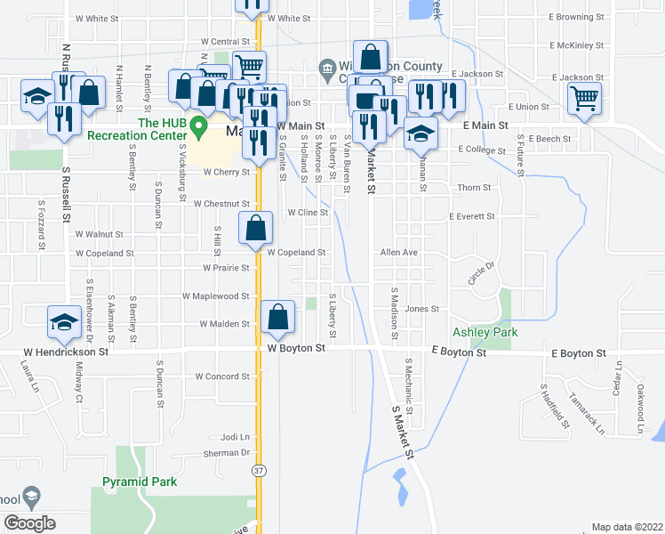 map of restaurants, bars, coffee shops, grocery stores, and more near 835 South Liberty Street in Marion