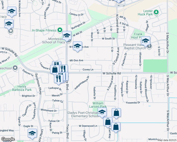 map of restaurants, bars, coffee shops, grocery stores, and more near 340 Covey Lane in Tracy