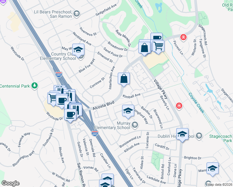 map of restaurants, bars, coffee shops, grocery stores, and more near 8998 Alcosta Boulevard in San Ramon