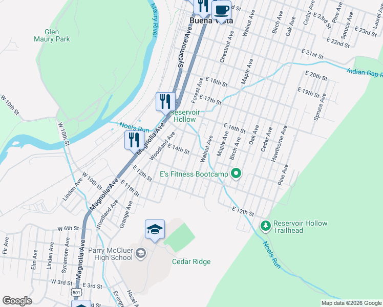 map of restaurants, bars, coffee shops, grocery stores, and more near 1399 Chestnut Ave in Buena Vista